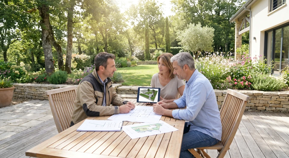 Photographie d'un paysagiste ou d'un professionnel de l'aménagement extérieur présentant des plans ou des croquis d'aménagement à un client dans un cadre extérieur ou de bureau, montrant une consultation collaborative. L'image doit transmettre le professionnalisme, l'écoute client et la personnalisation du projet, sans éléments fantastiques ni clichés génériques.