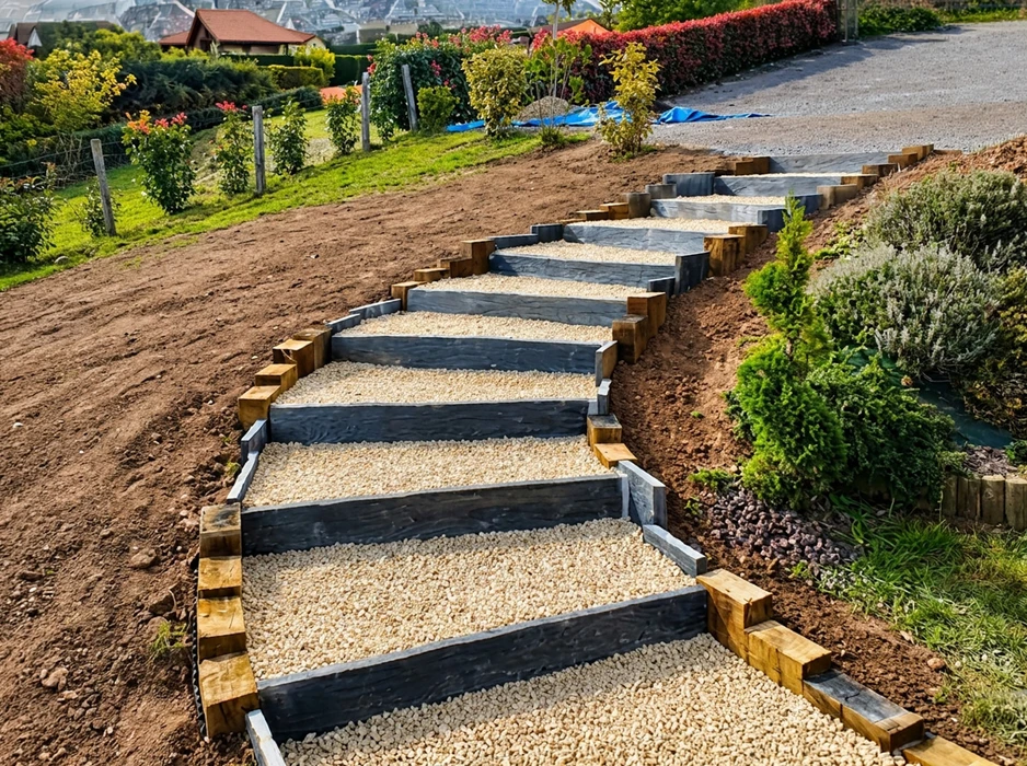 Escalier extérieur en pente aménagé sur un terrain en déblai