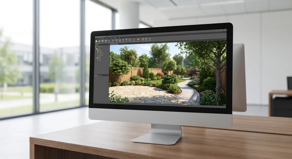 Écran d'ordinateur de bureau affichant un rendu 3D professionnel d'aménagement de jardin (avec terrasse, plantations, clôture, allée pavée), photographié de face dans un environnement de bureau moderne. L'écran doit clairement montrer le logiciel de simulation paysagère avec un rendu photoréaliste détaillé du projet.