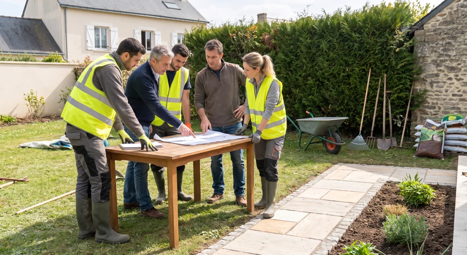 Photographie de deux ou trois professionnels du paysagisme en tenue de travail (vêtements pratiques, gilets de travail si approprié) engagés dans une conversation professionnelle et bienveillante avec un client particulier dans un jardin en cours d'aménagement. Le client et l'équipe examinant ensemble les plans ou pointant les éléments du projet. L'arrière-plan montre un espace vert en transformation avec outils de jardinage visibles, pelouse, plantations ou éléments d'aménagement paysager. L'ambiance doit être professionnelle, confiante et collaborative, illustrant l'écoute, le conseil et la relation de confiance entre l'équipe et le client.