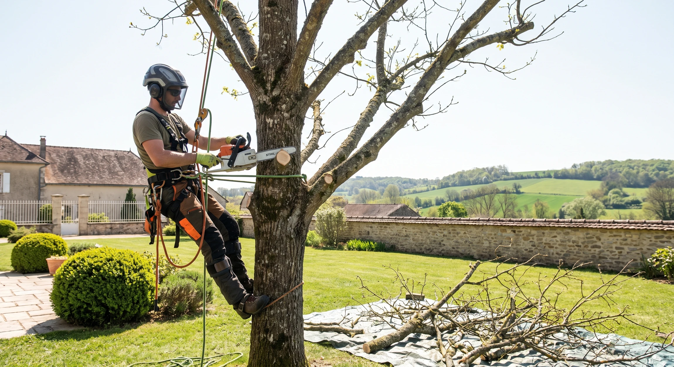 Photographie en extérieur d'un arboriste professionnel en équipement de sécurité complet (casque, baudrier, cordes) effectuant l'élagage d'un grand arbre avec une tronçonneuse. L'arbre est partiellement élagué, montrant les branches nettement coupées. En arrière-plan, un jardin résidentiel entretenu avec pelouse verte bien tondue et espaces plantés organisés, illustrant l'objectif de créer "un espace de vie sécurisé". La scène est claire, lumineuse et met l'accent sur le professionnalisme du travail d'élagage.
