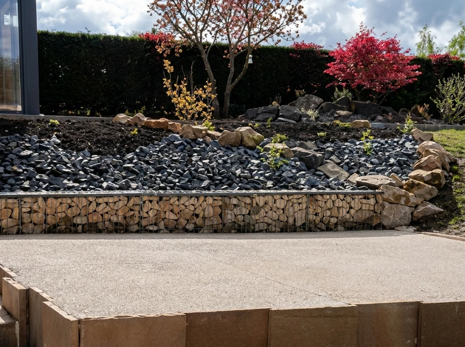 Aménagement paysager extérieur avec mur de soutènement en gabion rempli de galets dorés, surmonté de gravillons ardoise noire