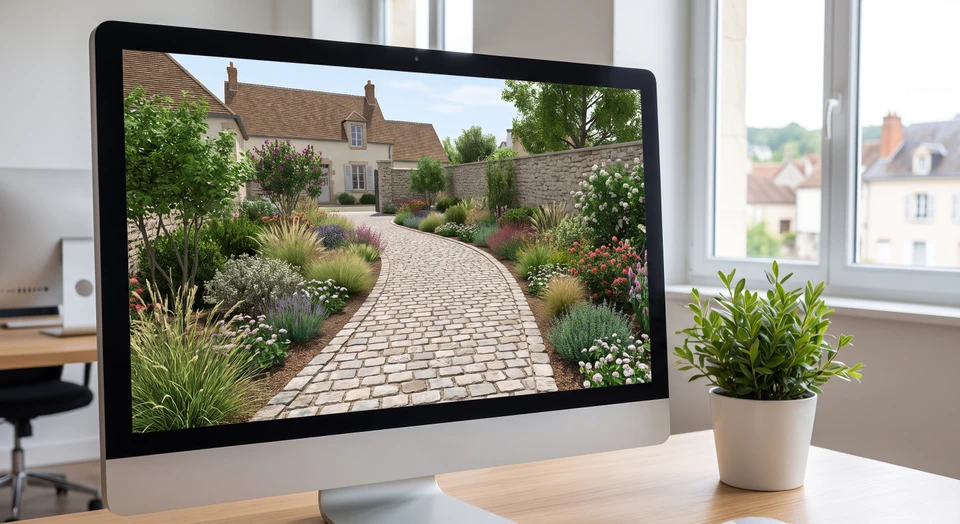Écran d'ordinateur affichant une simulation 3D d'aménagement paysager réaliste montrant un chemin pavé sinueux à travers un jardin, avec massifs de plantes, un petit muret en pierre et des plantations arbustives intégrées harmonieusement dans un environnement résidentiel. Vue claire et détaillée de la modélisation numérique en perspective, permettant de visualiser le projet d'aménagement avant sa réalisation.