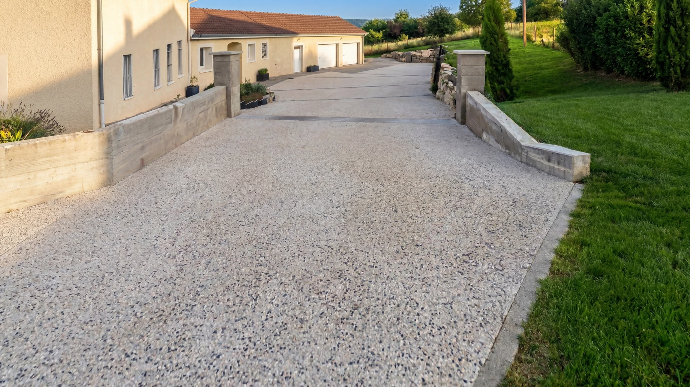 Allée d'entrée privée bordée d'arbres matures, portail ouvert avec piliers en pierre naturelle et ferronnerie noire