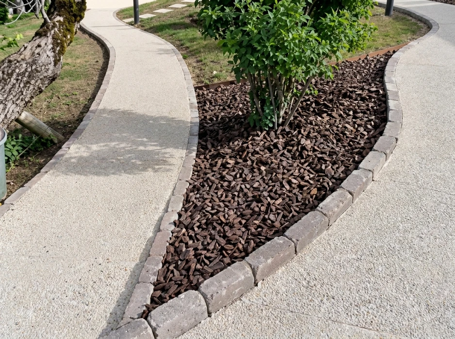 Allée de jardin courbe, vue en plongée