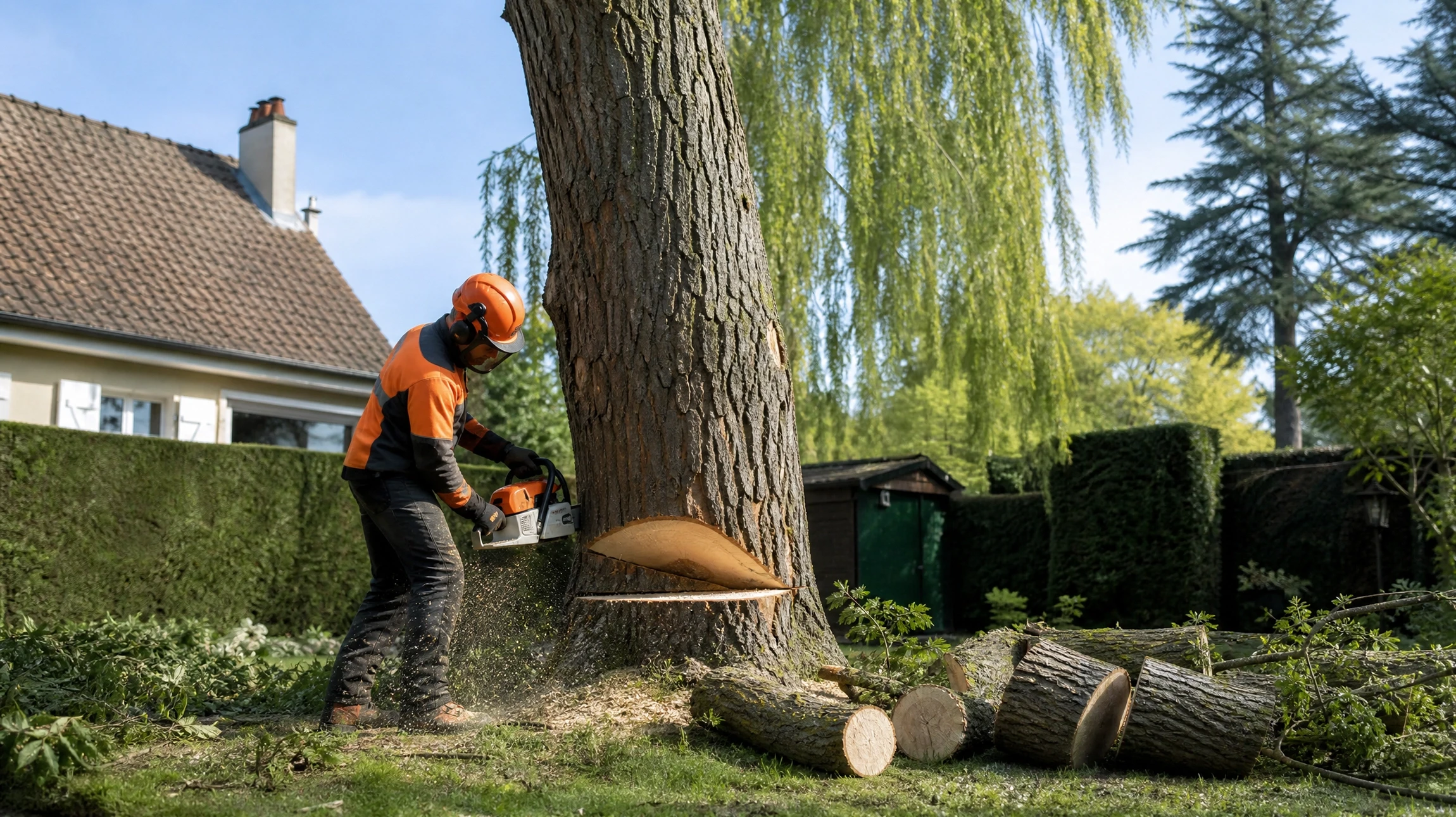 Scène extérieure sur pelouse verte avec souches d'arbres fraîchement coupées et bûches empilées