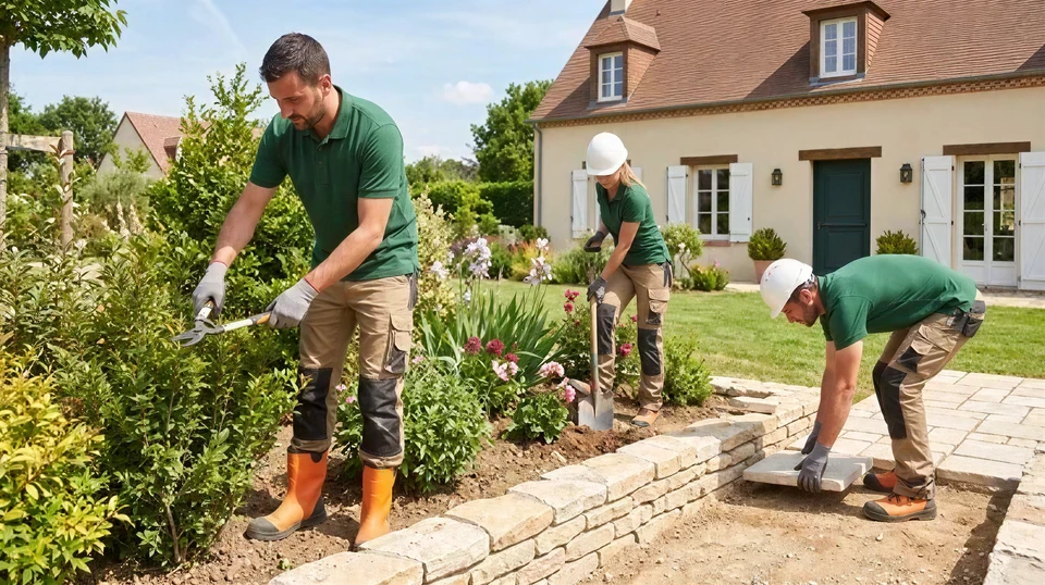 Un homme en salopette bleue et chemise à carreaux taille une haie avec un taille-haie électrique dans un jardin verdoyant