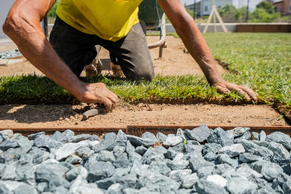 Scène extérieure de jardinage avec personne agenouillée travaillant la terre dans un potager ensoleillé, entourée de végétation verte luxuriante